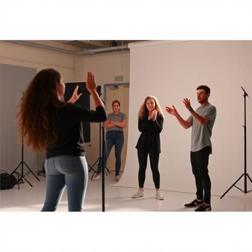 Eine Gruppe von Schauspielschülern nimmt an einer Übung in einem hellen Studio teil.