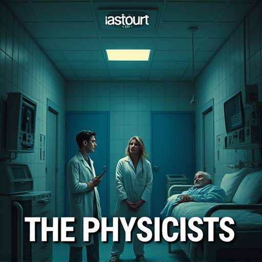 Poster of the play 'The Physicists' showing three physicists in a mental institution setting.
