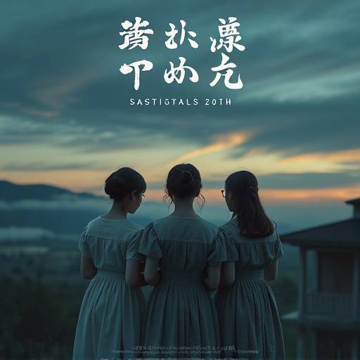 Poster of the play 'Three Sisters' showing the three sisters in a nostalgic scenery.