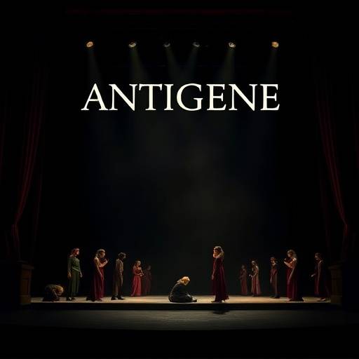 Poster vo de Ufführig 'Antigone' mit emene düstere Bühnenbild und de Darsteller im Vordergrund.