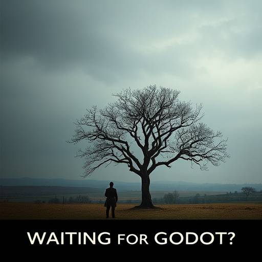 Poster vo de Ufführig 'Warte uf de Godot' mit eme einsame Baum und zwei Figure uf ere leere Landschaft.