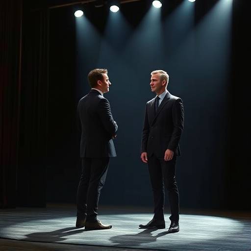 Szene aus einer Theateraufführung mit zwei Schauspielern auf der Bühne.